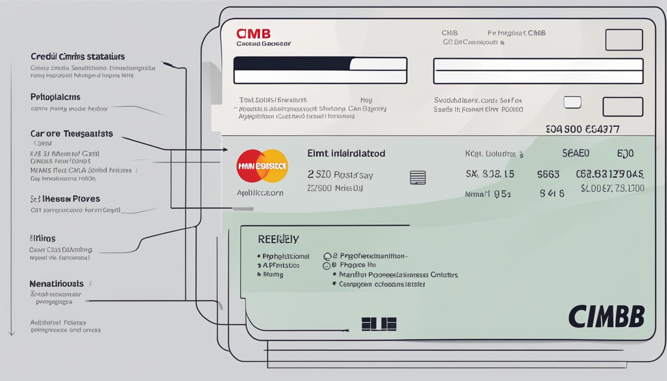 A credit card with CIMB's logo and key features displayed, with a status indicator showing "application in progress" for Singapore