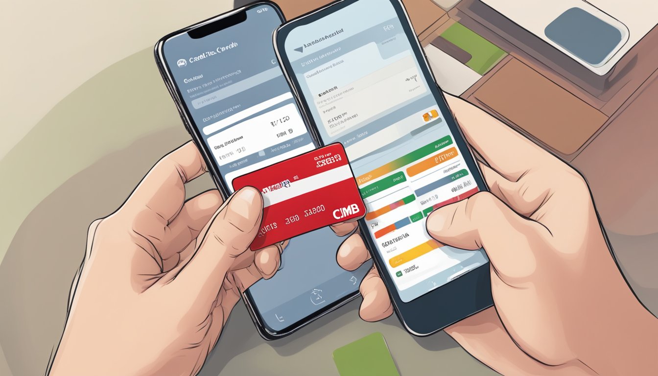 A hand holding a CIMB credit card with a smartphone displaying the CIMB credit card application status in Singapore