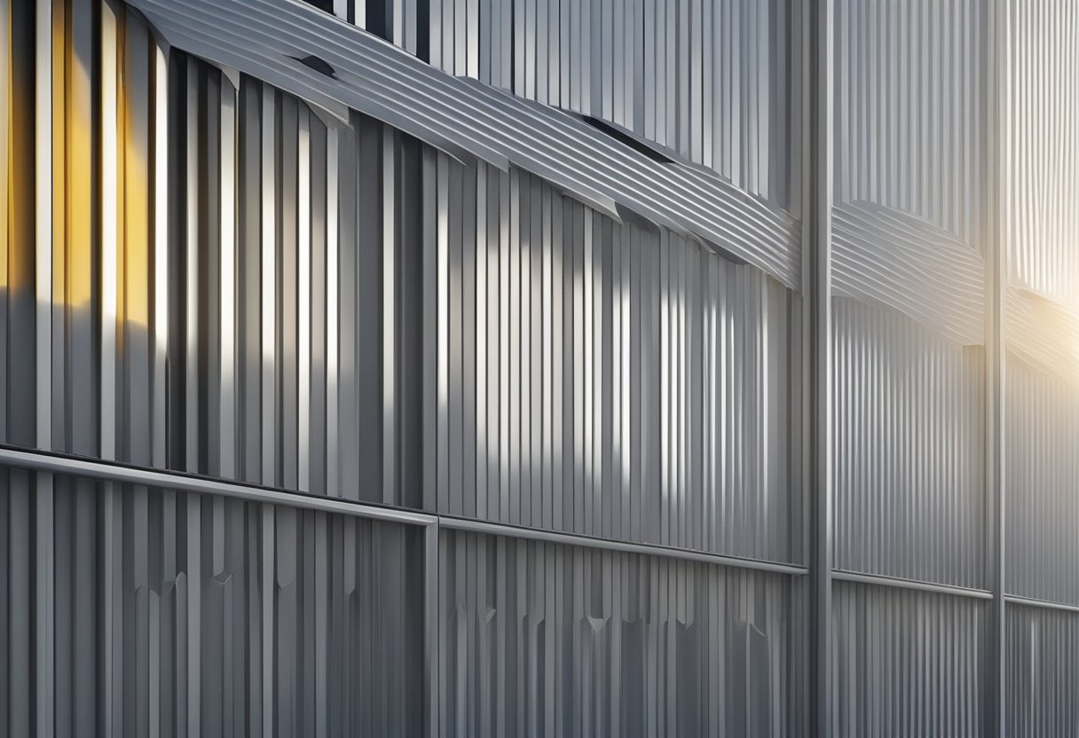 A corrugated perforated aluminum panel reflects sunlight in an industrial setting