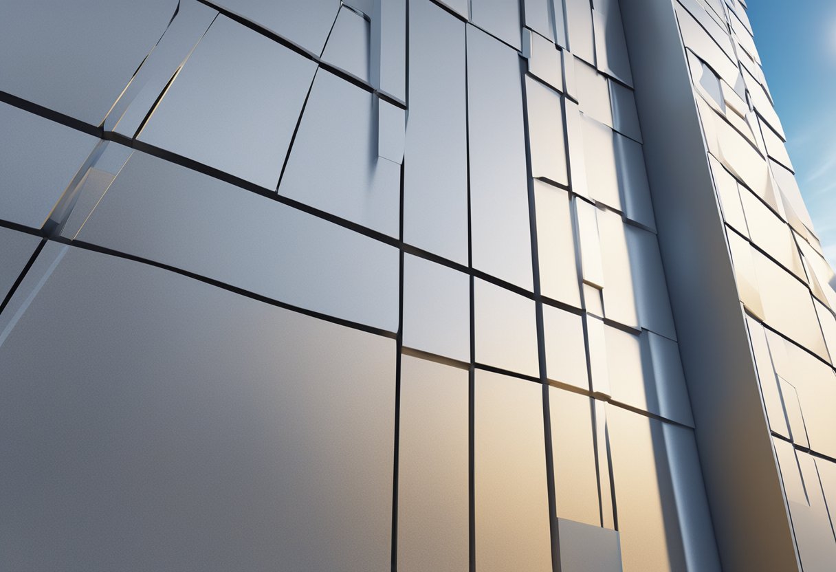 An aluminum spandrel panel reflects sunlight, casting a metallic sheen on the surrounding concrete facade