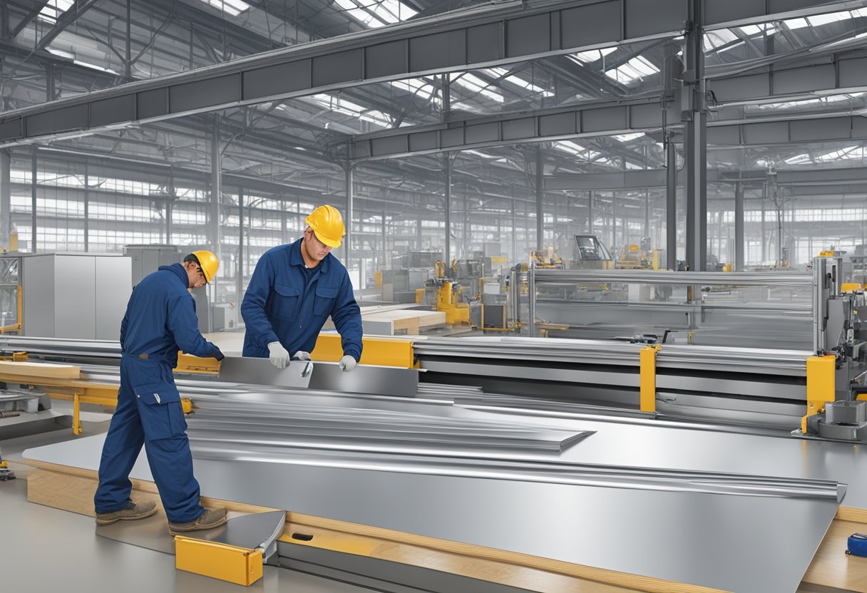 An aluminum spandrel panel is being measured and cut by a worker in a bustling factory, with machinery and tools in the background