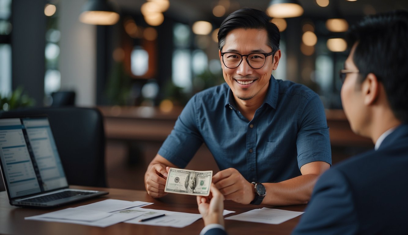 A person receiving a personal loan from a professional money lender in Singapore. The lender explains the financial solutions for specific needs