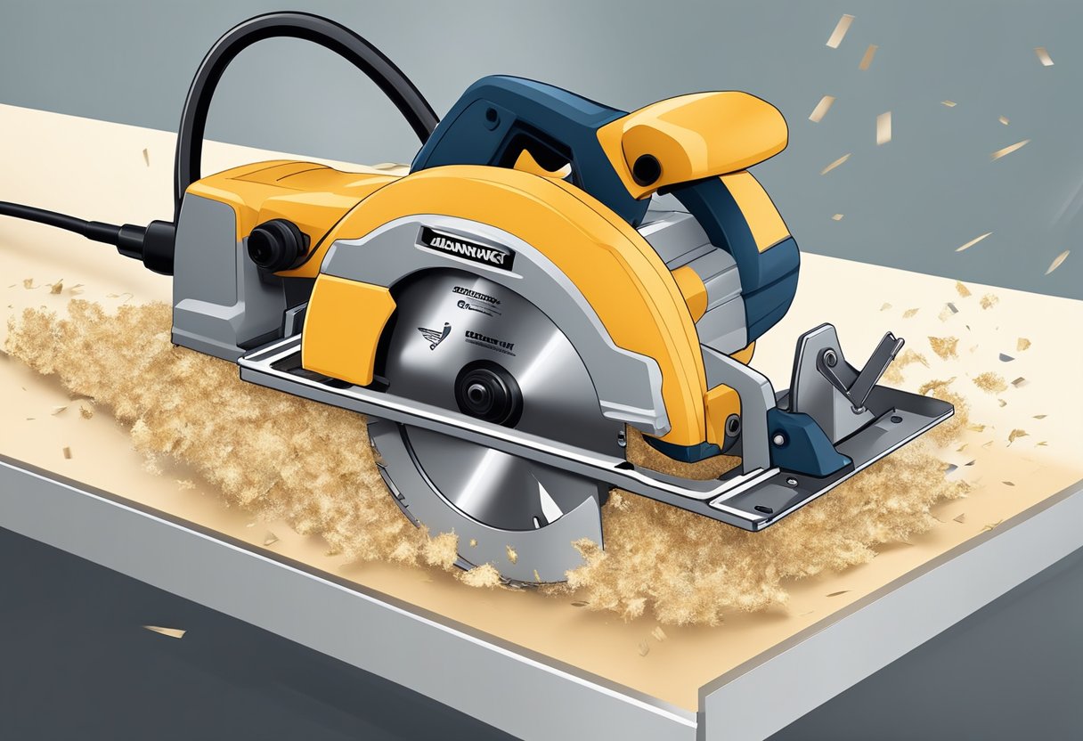 A hand-held circular saw cuts through aluminum composite panels, with metal shavings flying in all directions