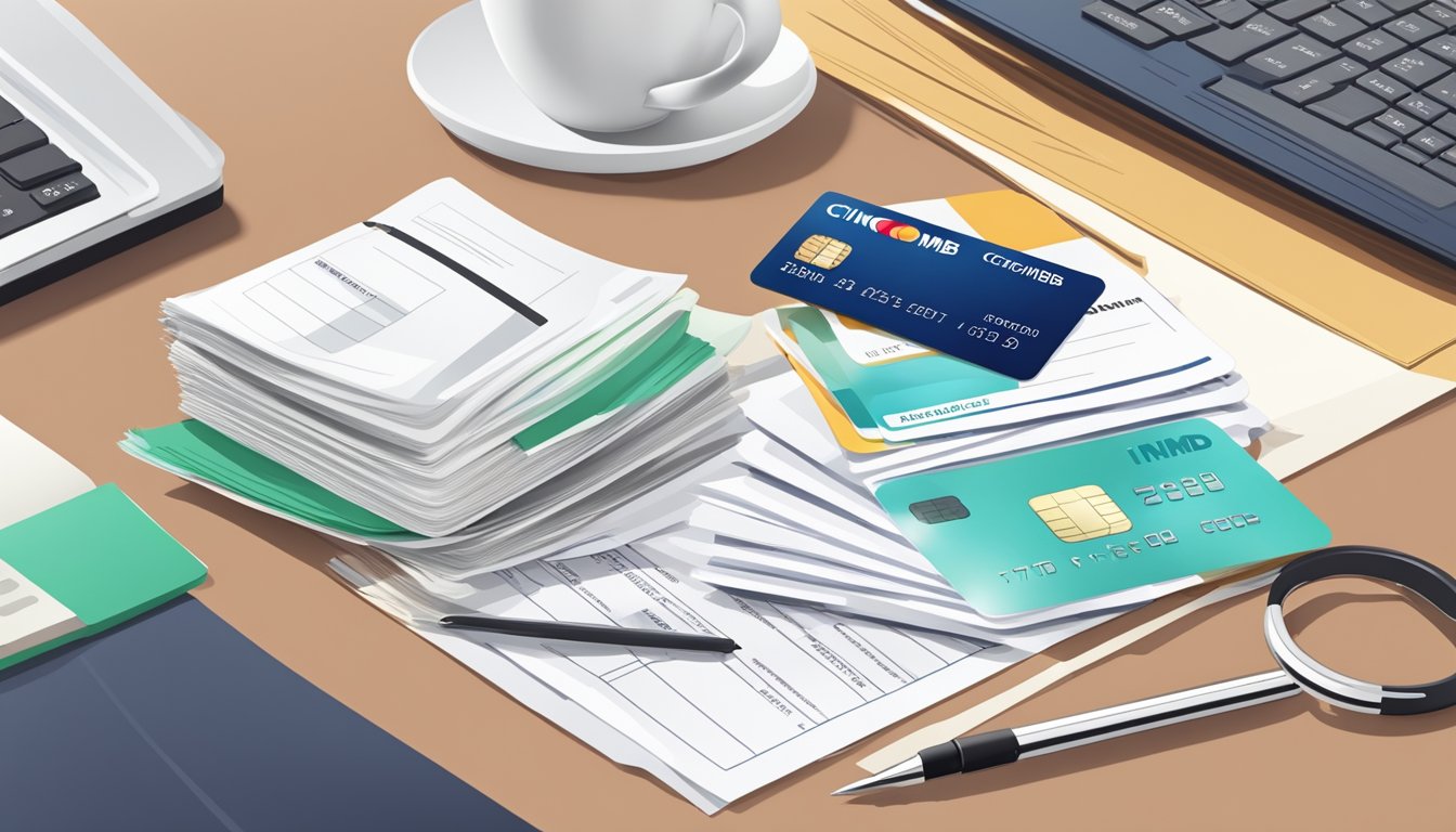 A stack of documents including ID, income proof, and application form, with a CIMB credit card on top