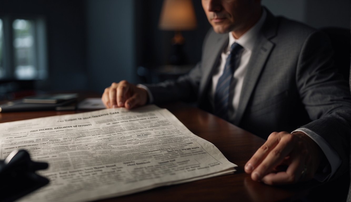 A person carefully reviewing loan documents with a skeptical expression, while a shadowy figure lurks in the background, symbolizing the potential for loan scams