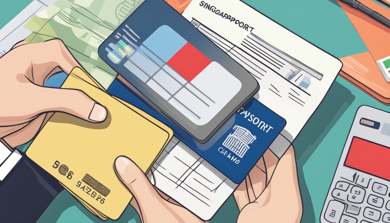A hand holding a Singaporean passport, a utility bill, and a payslip next to a CIMB credit card