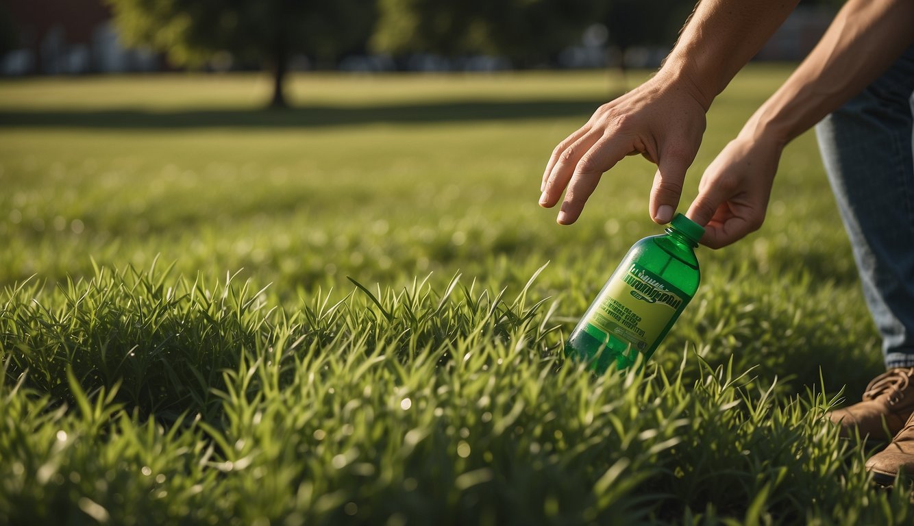A hand pulling up crabgrass from a lawn, with a bottle of herbicide nearby