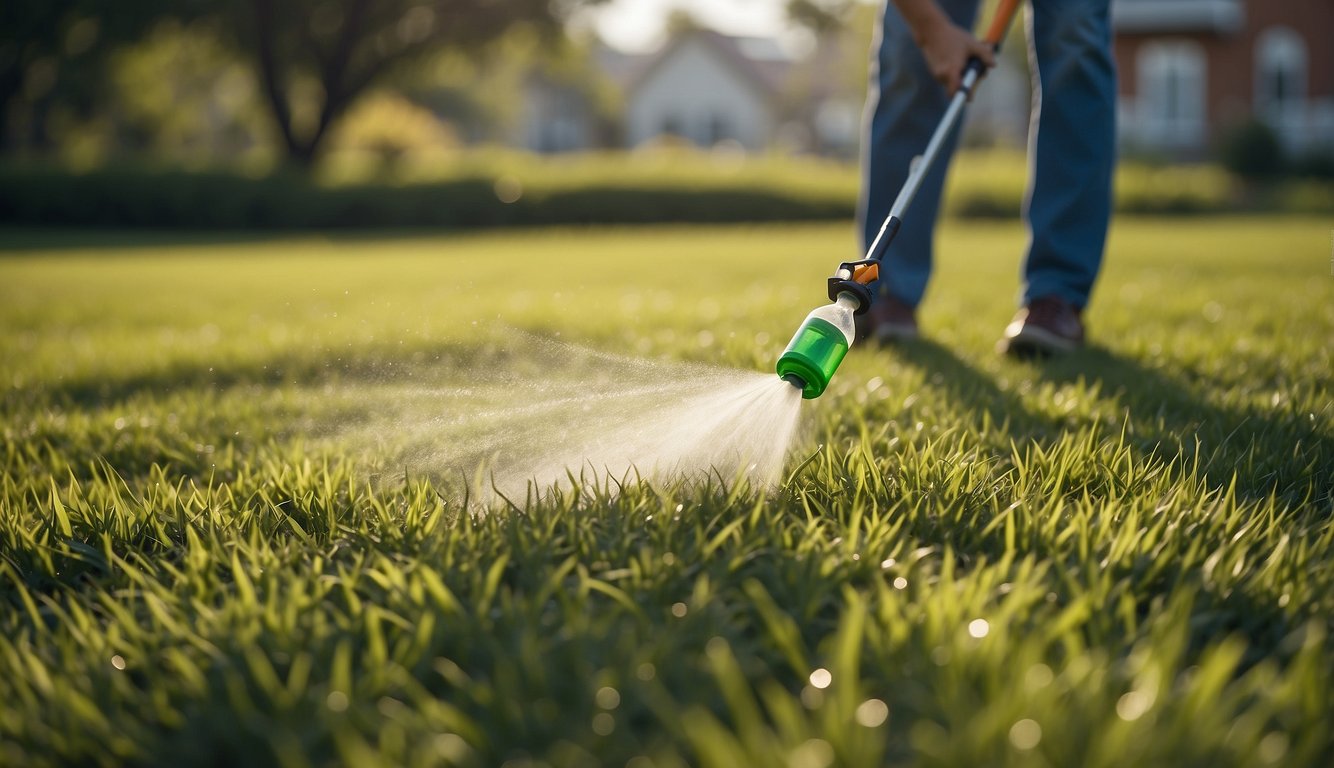 A person spraying chemical herbicide on a patch of crabgrass in a lawn