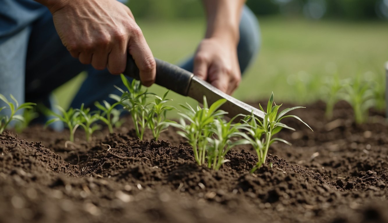 A gardener pulls crabgrass from the soil, using a hand tool to dig out the roots