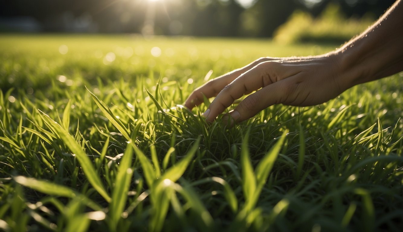 A hand pulling up crabgrass from a lush, green lawn. The sun shines overhead as the unwanted weeds are removed, leaving behind a pristine, crabgrass-free expanse of grass