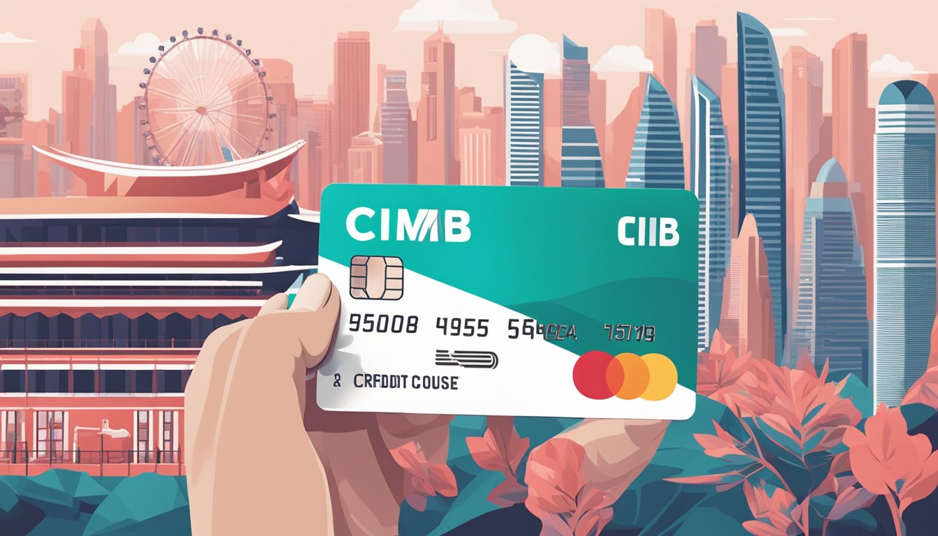 A hand holds a sleek Cimb credit card against a backdrop of iconic Singapore landmarks