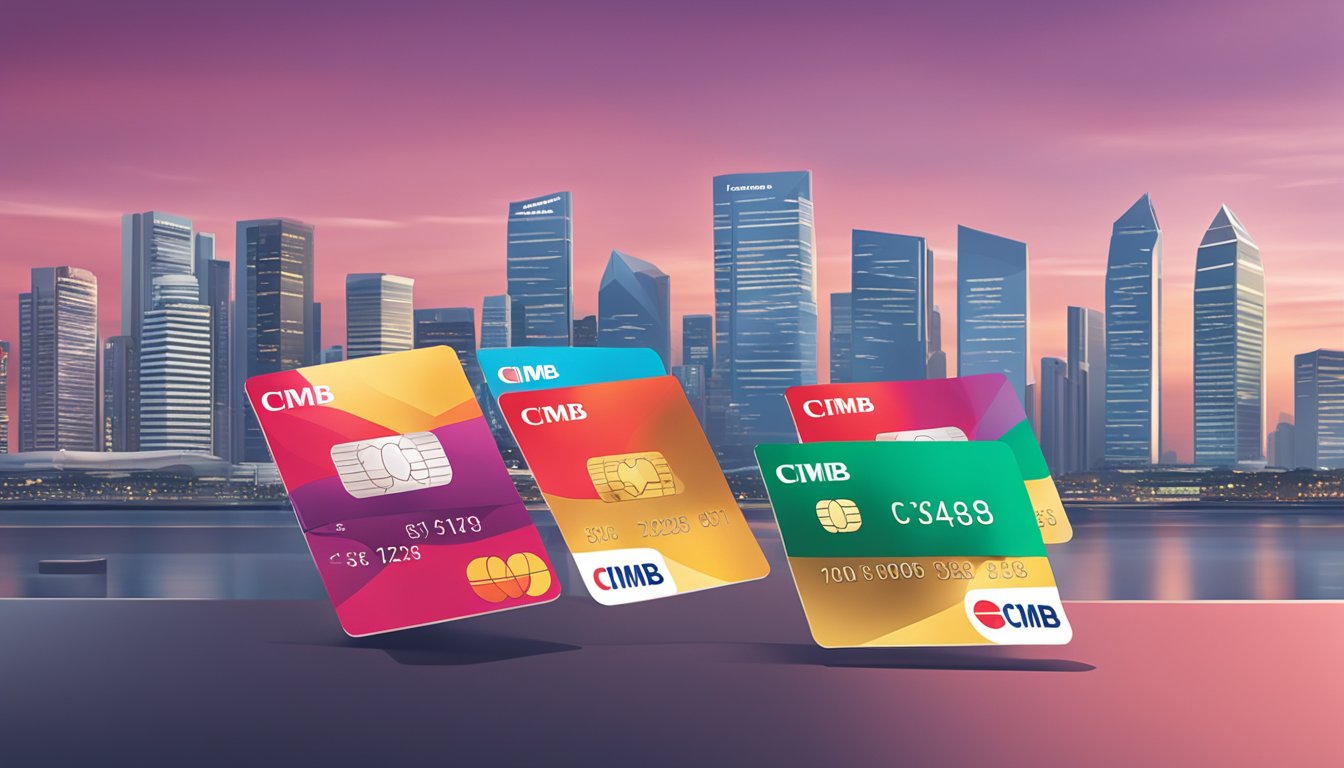 A stack of CIMB credit cards arranged neatly on a sleek, modern table with the Singapore skyline in the background