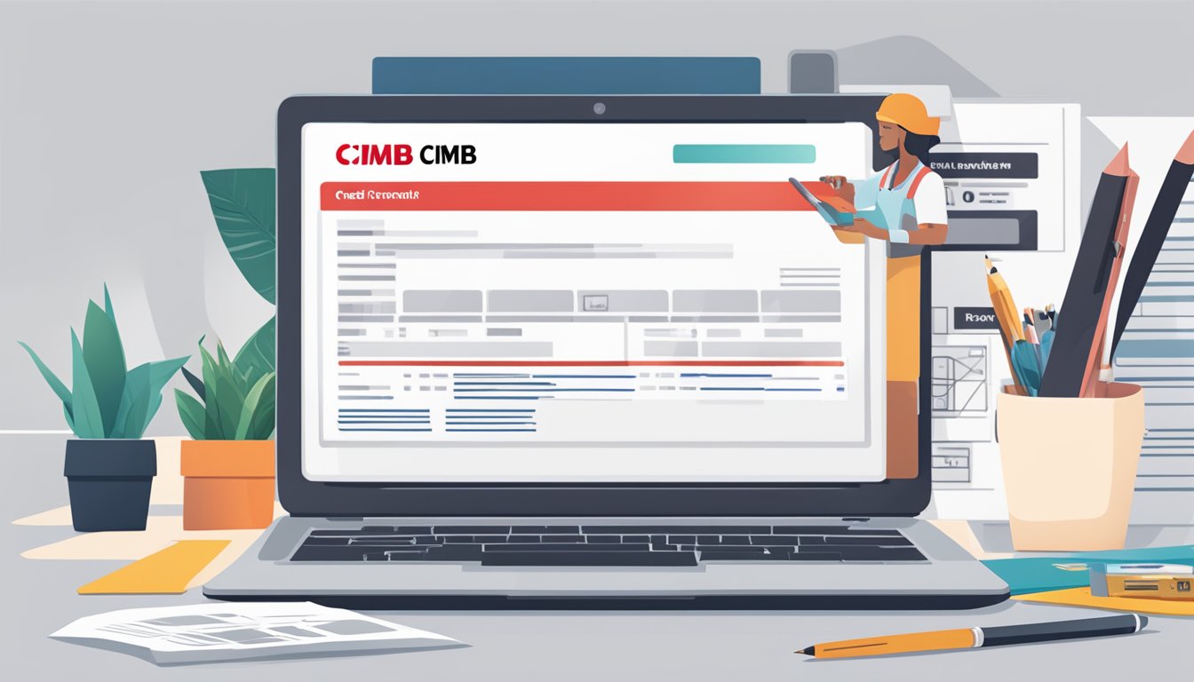 A person fills out a CIMB credit card application form at a desk with a laptop and pen, surrounded by promotional materials