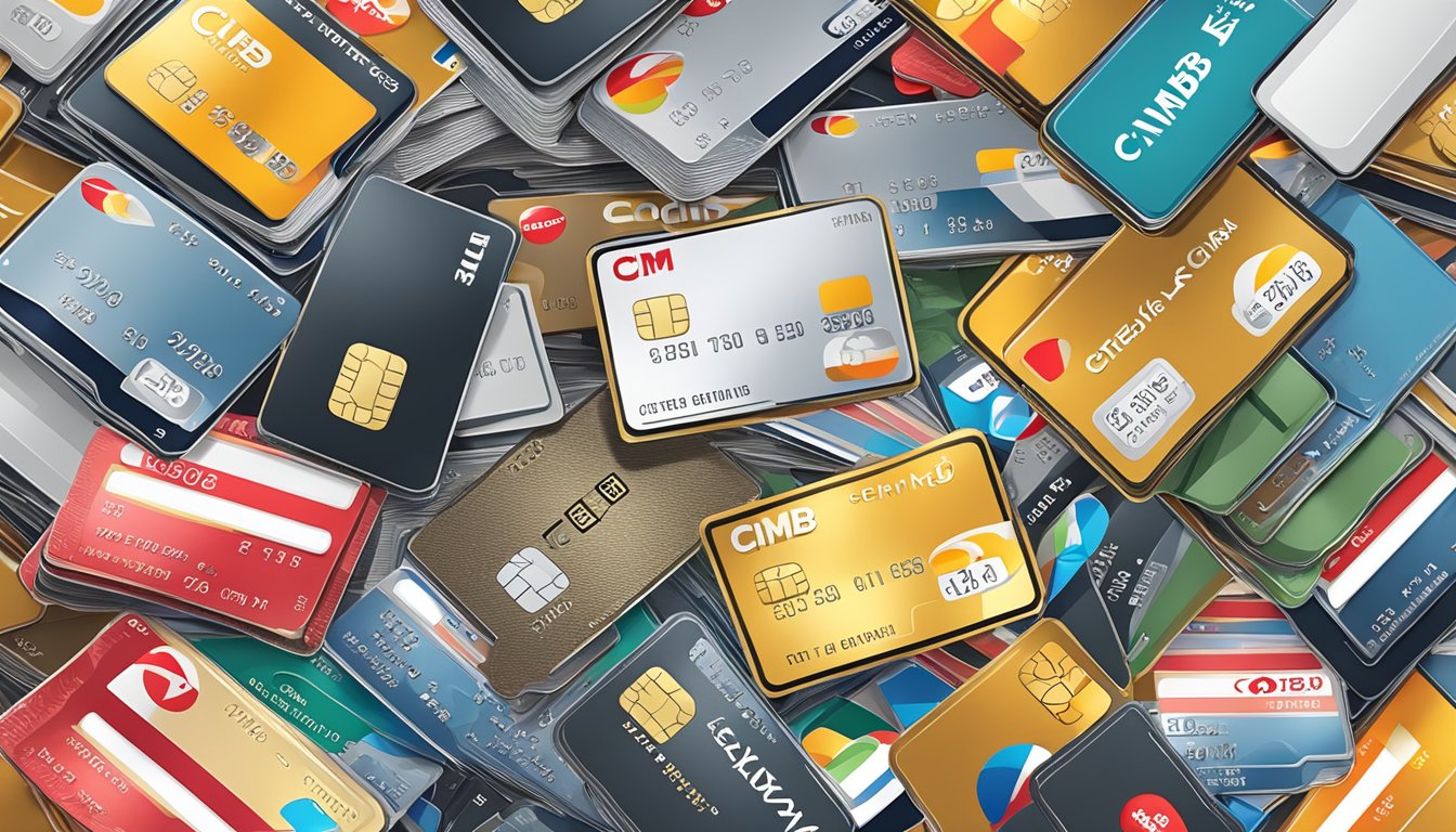 A stack of credit cards with the CIMB logo surrounded by various rewards and benefits such as travel, dining, and shopping perks