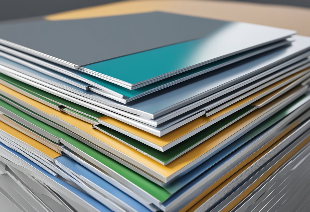 A stack of aluminum composite panels, labeled with prices, in a Pakistani market