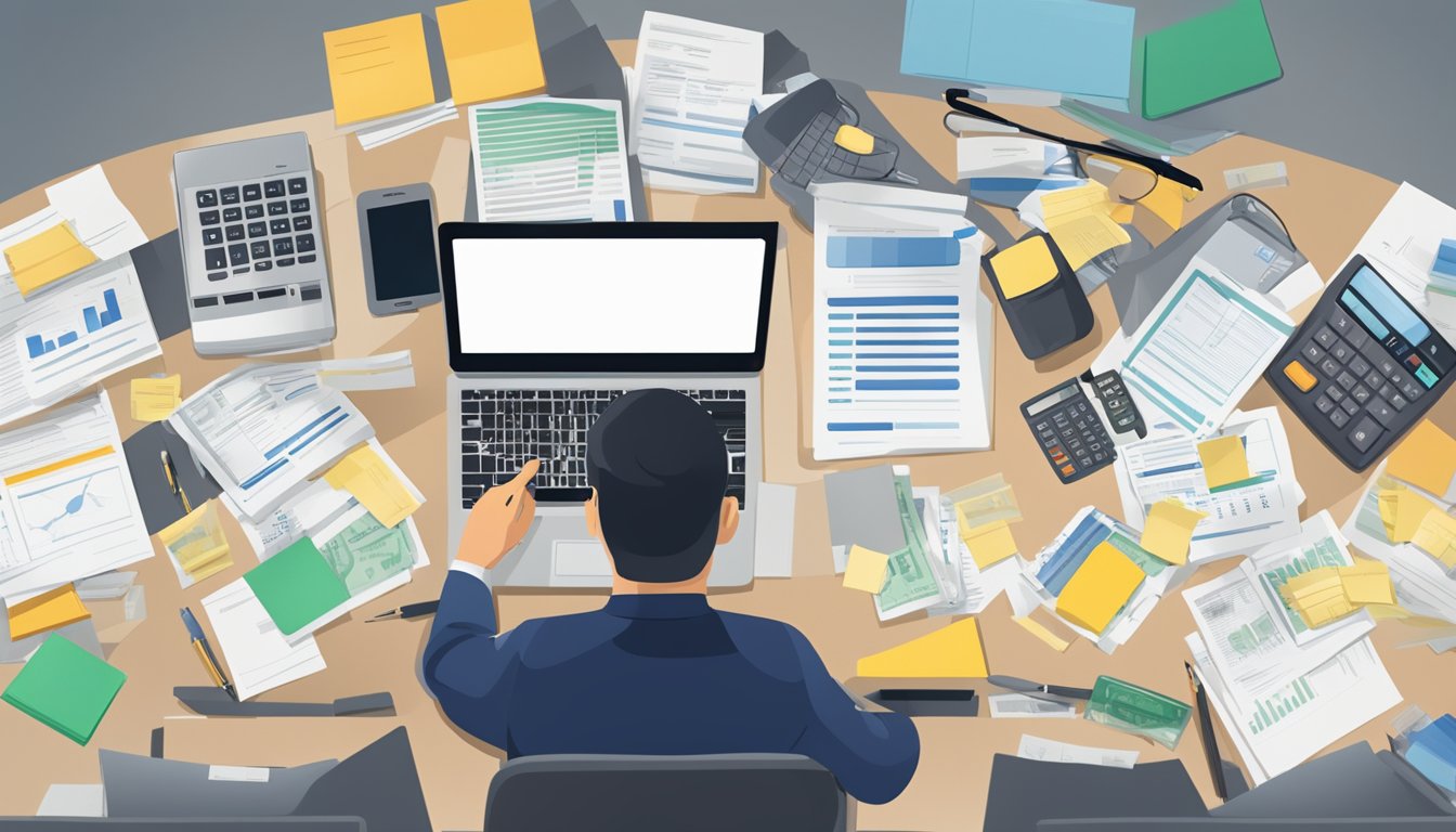 A person sitting at a desk, surrounded by paperwork and bills. A calculator and pen are on the table, with a computer screen displaying financial data