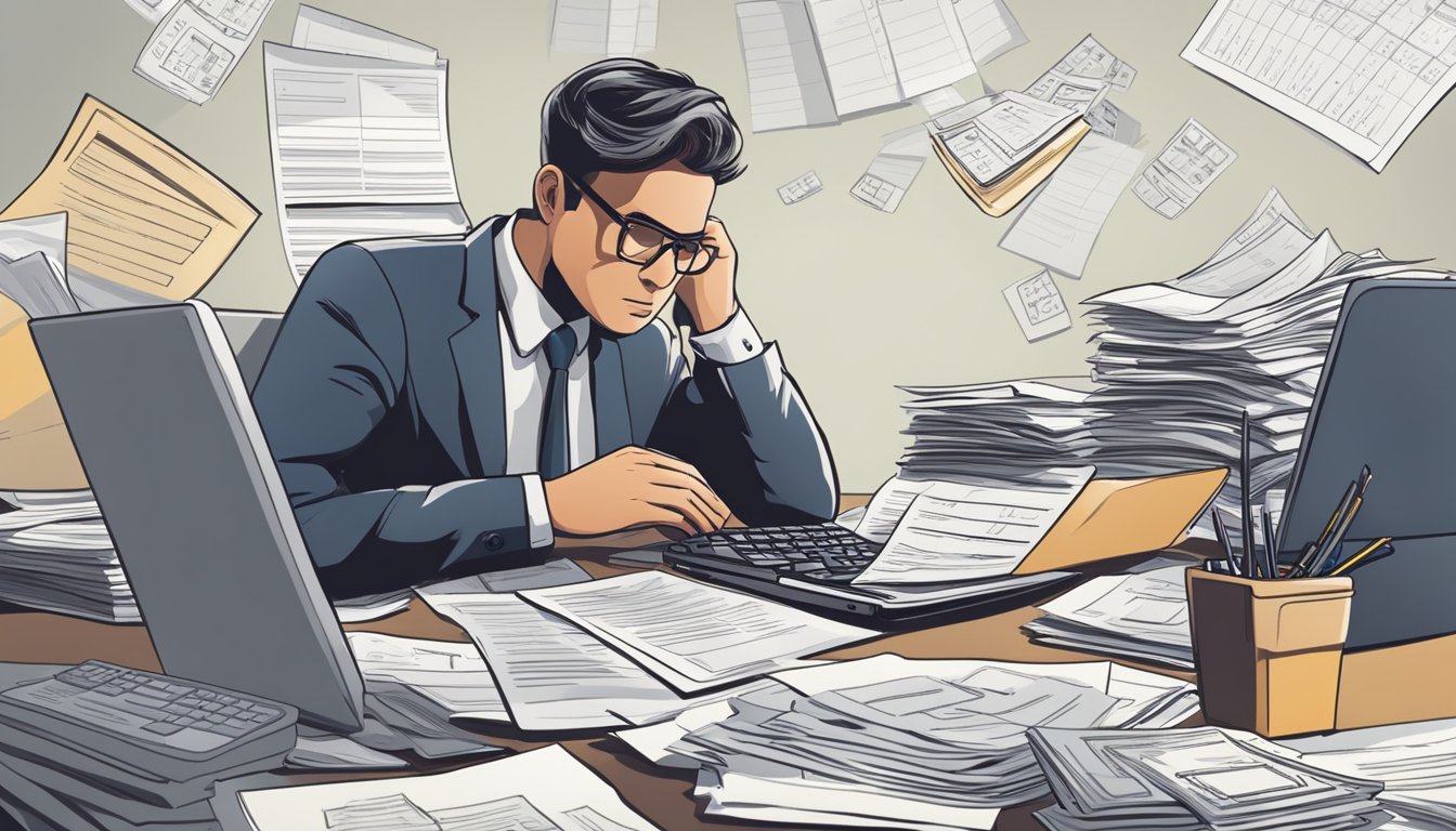 A person sitting at a desk, surrounded by bills and paperwork. A calculator and laptop are open, showing financial figures. The person looks stressed and overwhelmed