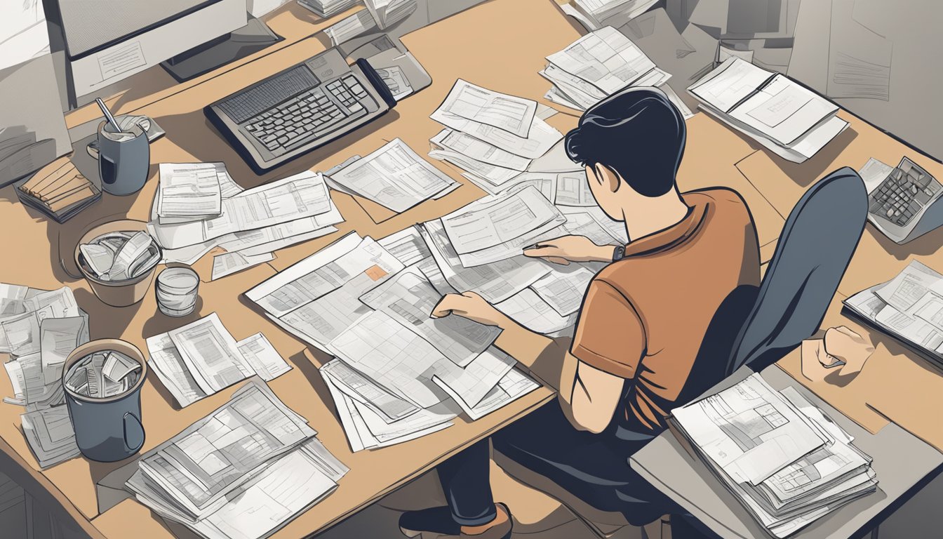 A person sitting at a cluttered desk, surrounded by bills and paperwork. A sense of relief and ease is evident as they review a document labeled "CIMB Debt Consolidation Plan."