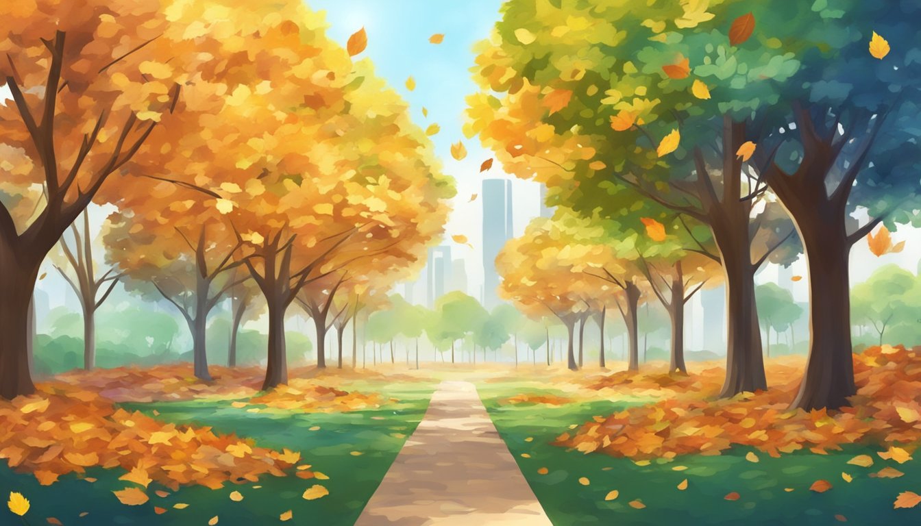Colorful leaves fall from the trees in a serene park in Singapore
