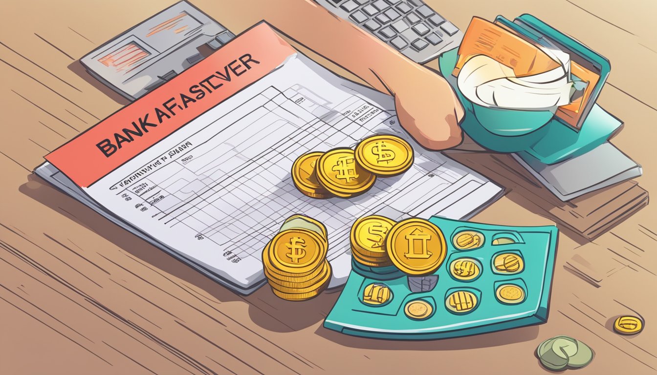 A colorful bank statement with "CIMB FastSaver Account Features" highlighted, next to a pile of Singaporean coins and a sign reading "fall below fee."