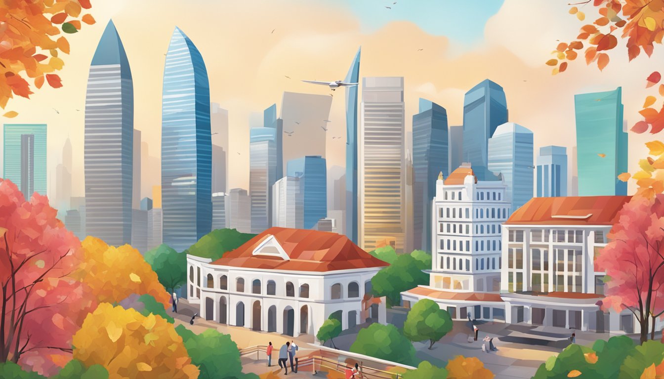 A colorful banner displaying "Additional Perks and Promotions" with the CIMB logo, surrounded by falling leaves, against the backdrop of the Singapore skyline
