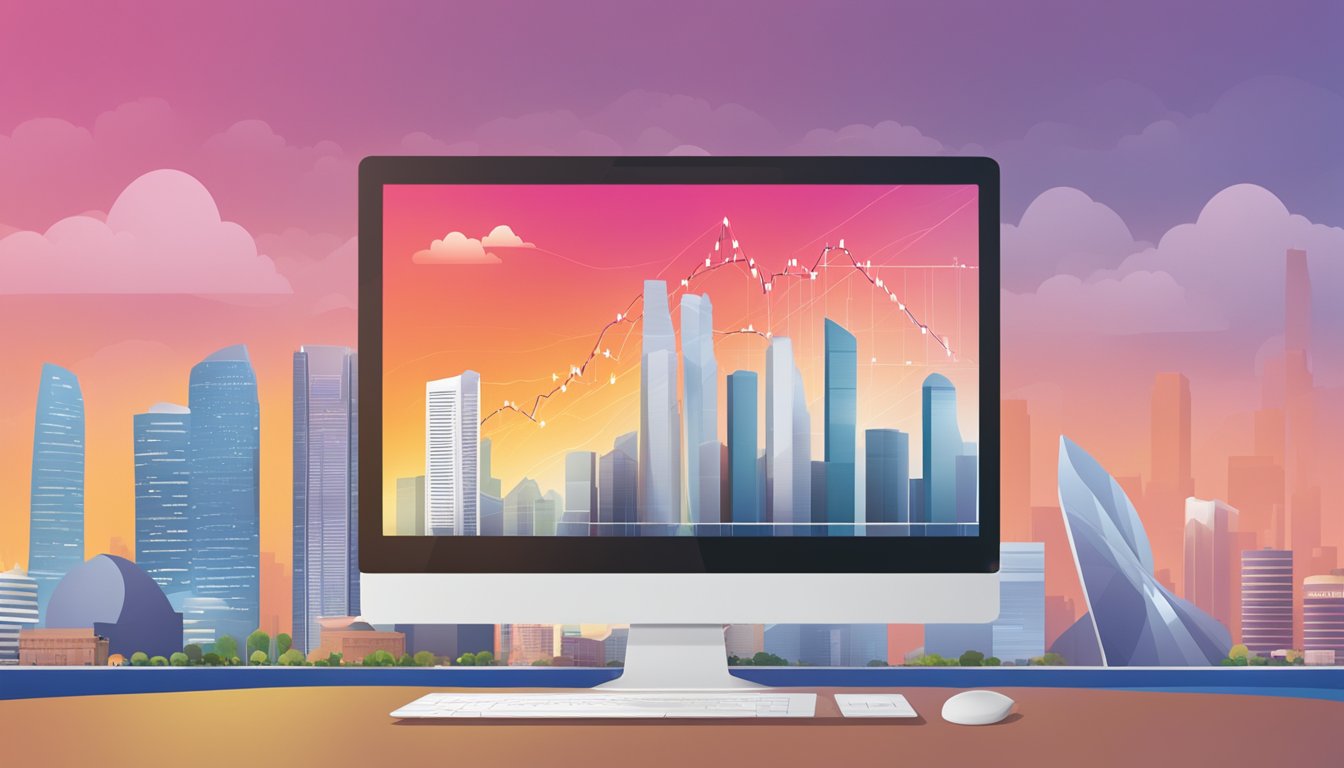 A computer screen displaying CIMB Clicks with a falling graph and a fee notification, set against a backdrop of the Singapore skyline