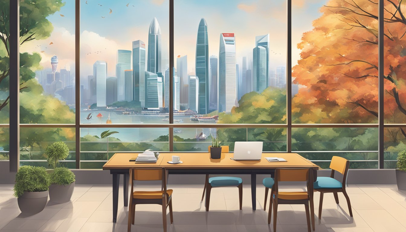 A table displaying investment and insurance options at CIMB, with a backdrop of falling leaves and a skyline of Singapore