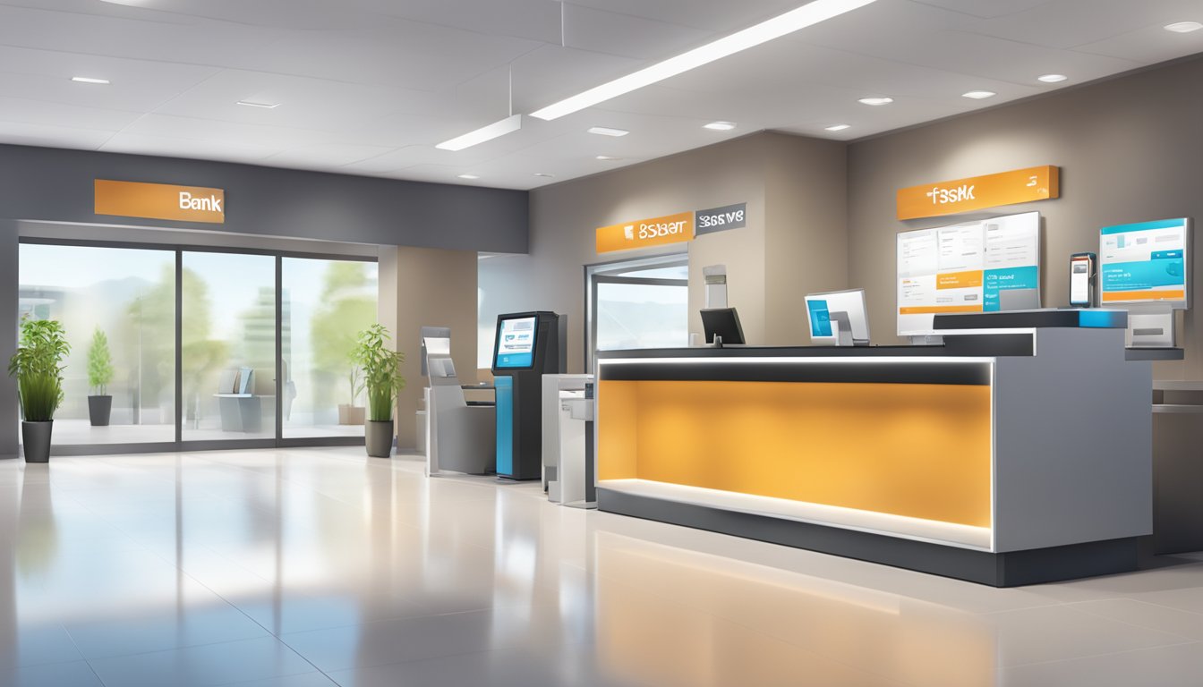 A sleek, modern bank branch with a digital kiosk for fastsaver account sign-ups and a friendly customer service desk