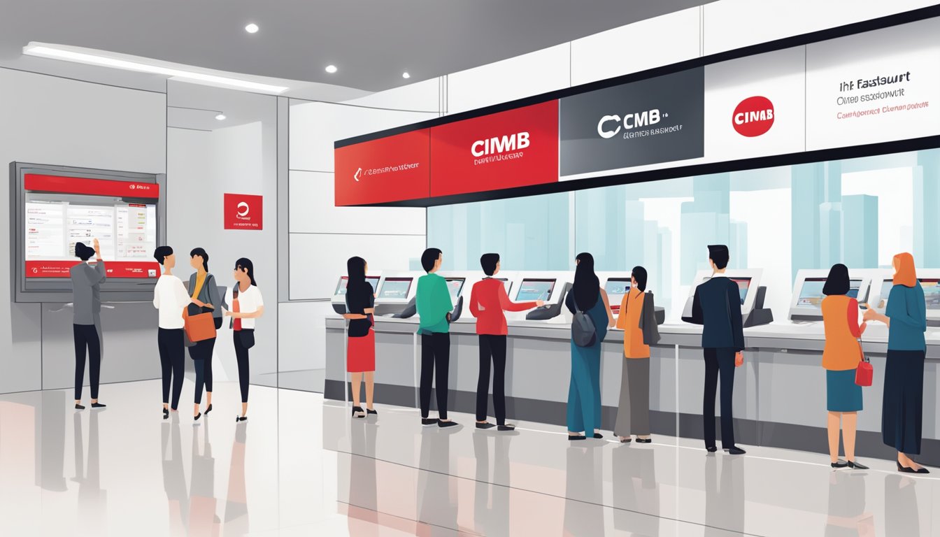 A sleek, modern bank branch with a digital display showcasing the benefits of the CIMB FastSaver account. A line of customers eagerly waiting to open their accounts