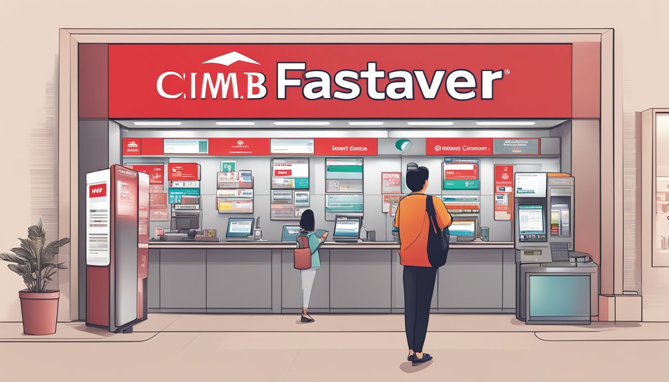 A customer opens a CIMB FastSaver account at a bank in Singapore, with various banking products displayed in the background