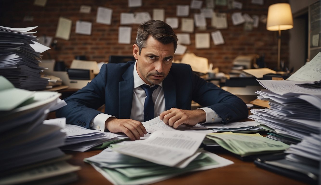 A person sits at a cluttered desk, surrounded by bills and financial statements. They look stressed and overwhelmed, but determined to find a solution to their money problems