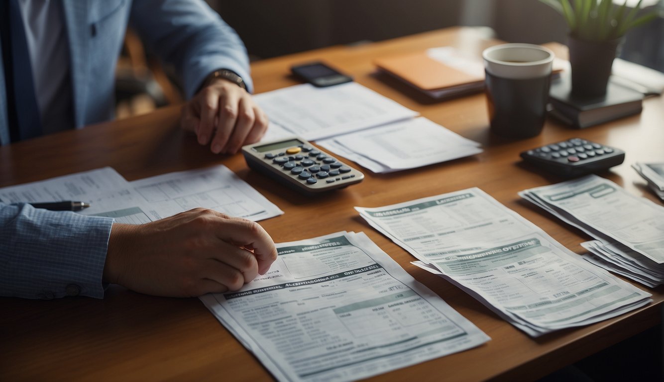 A person sits at a desk, comparing loan packages from different money lenders. Papers and a calculator are spread out, showing the process of selecting the best loan option