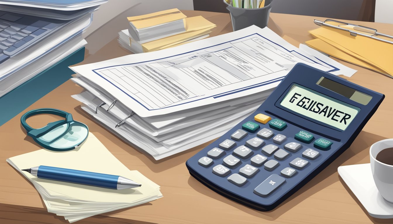 A stack of official documents and a calculator on a desk with a "FastSaver Eligibility and Requirements" sign