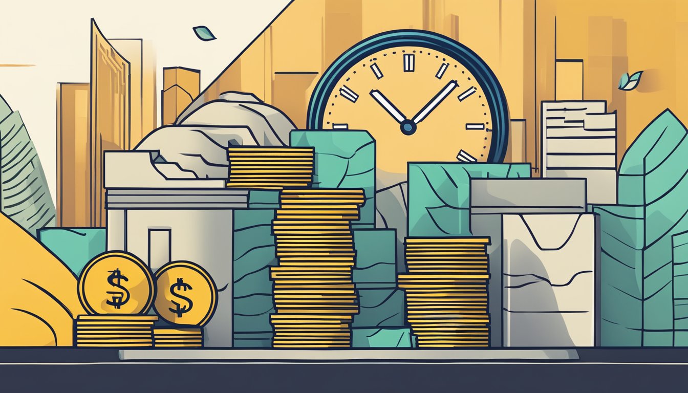 A stack of money grows larger while a clock ticks in the background, representing the urgency of avoiding fall below fees in CIMB FastSaver savings account in Singapore