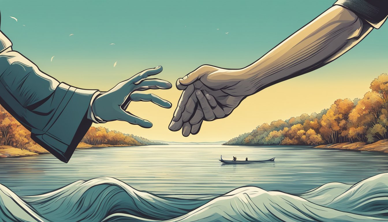 A hand reaching out to offer support, while another hand assists in lifting up, against a backdrop of a fast-moving river