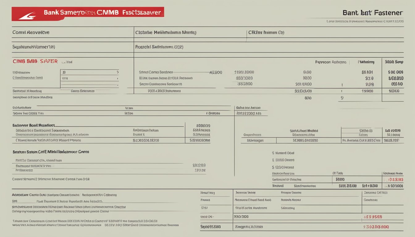 A bank statement with "CIMB FastSaver" logo and "Minimum Balance" requirement, set in Singapore