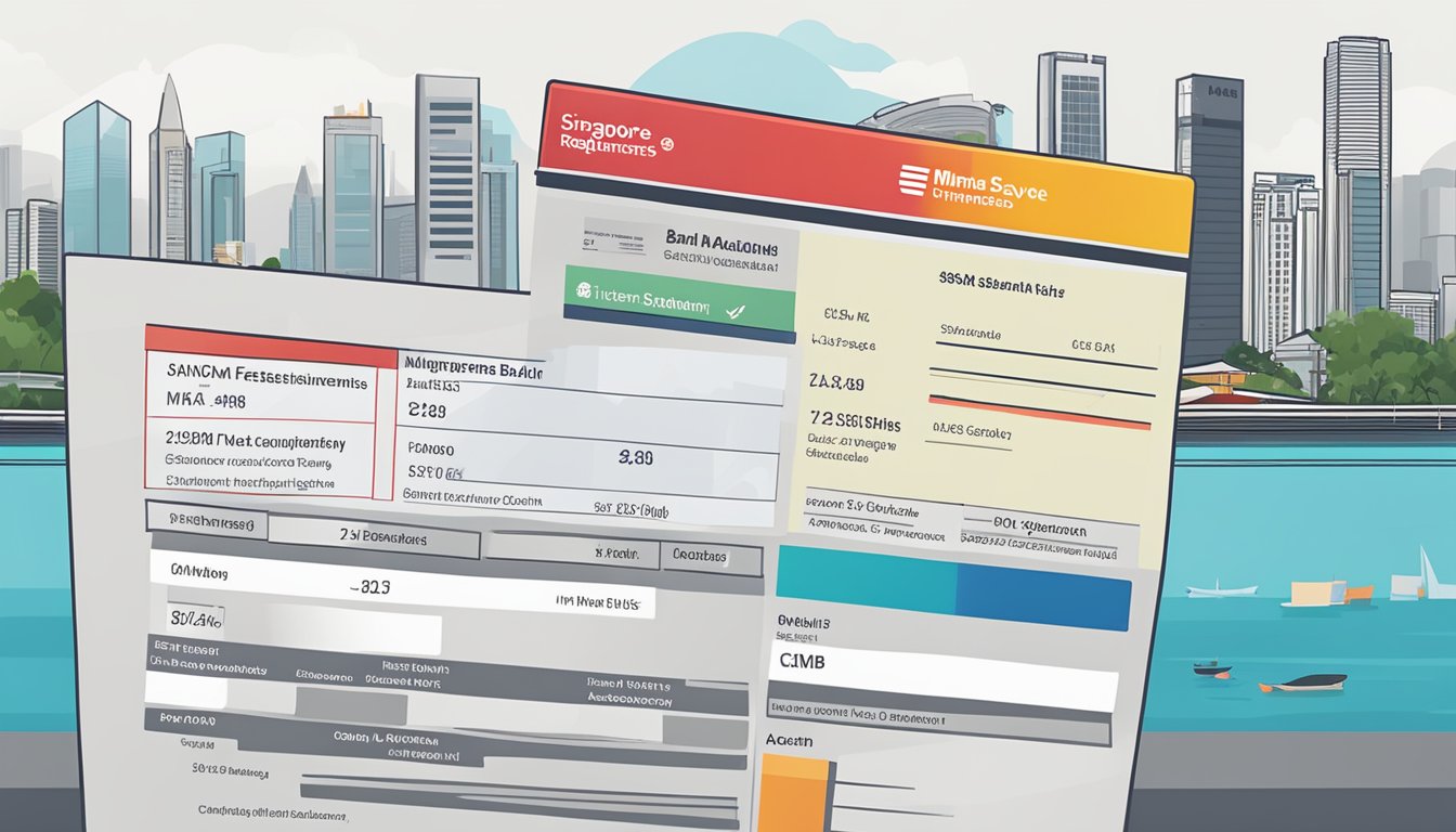 A bank statement with "Minimum Balance Requirements" displayed, alongside a CIMB FastSaver account and the Singapore skyline in the background