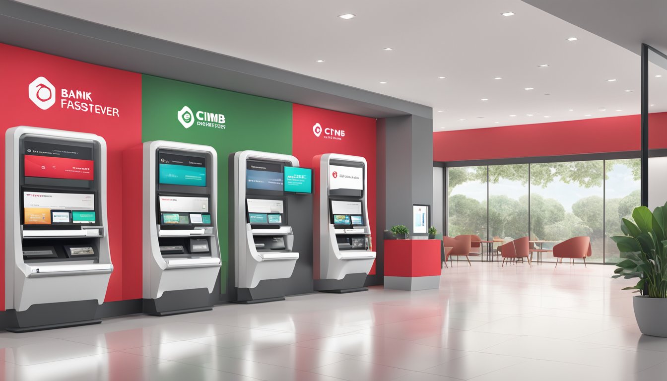 A modern bank branch with a sleek and minimalist design, featuring digital screens displaying the additional benefits and features of the CIMB FastSaver account
