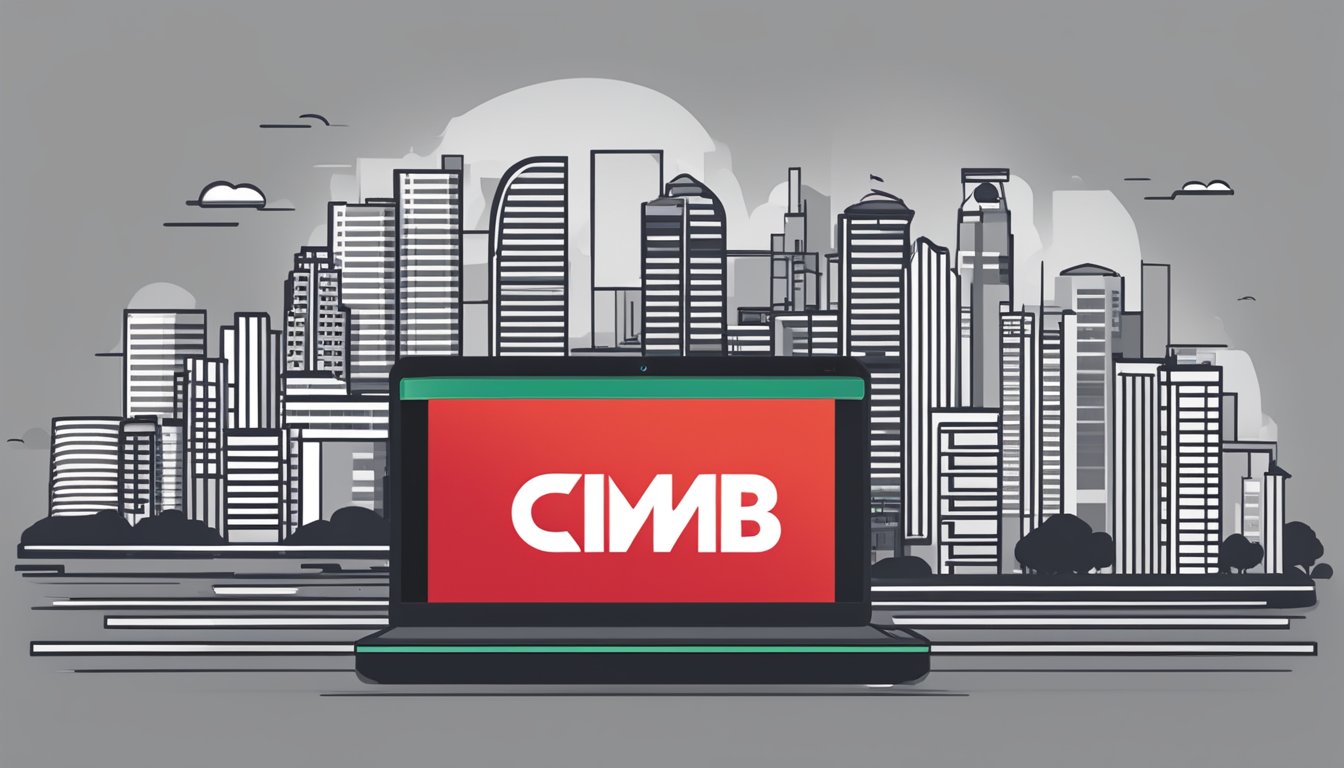 A digital device displaying the CIMB FastSaver logo with a Singaporean cityscape in the background