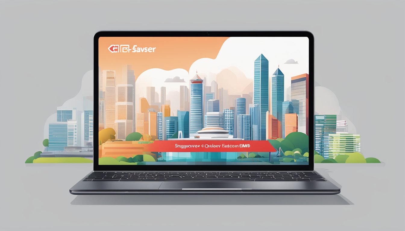 A laptop displaying the CIMB FastSaver website with a Singaporean skyline in the background. The screen shows the account opening process