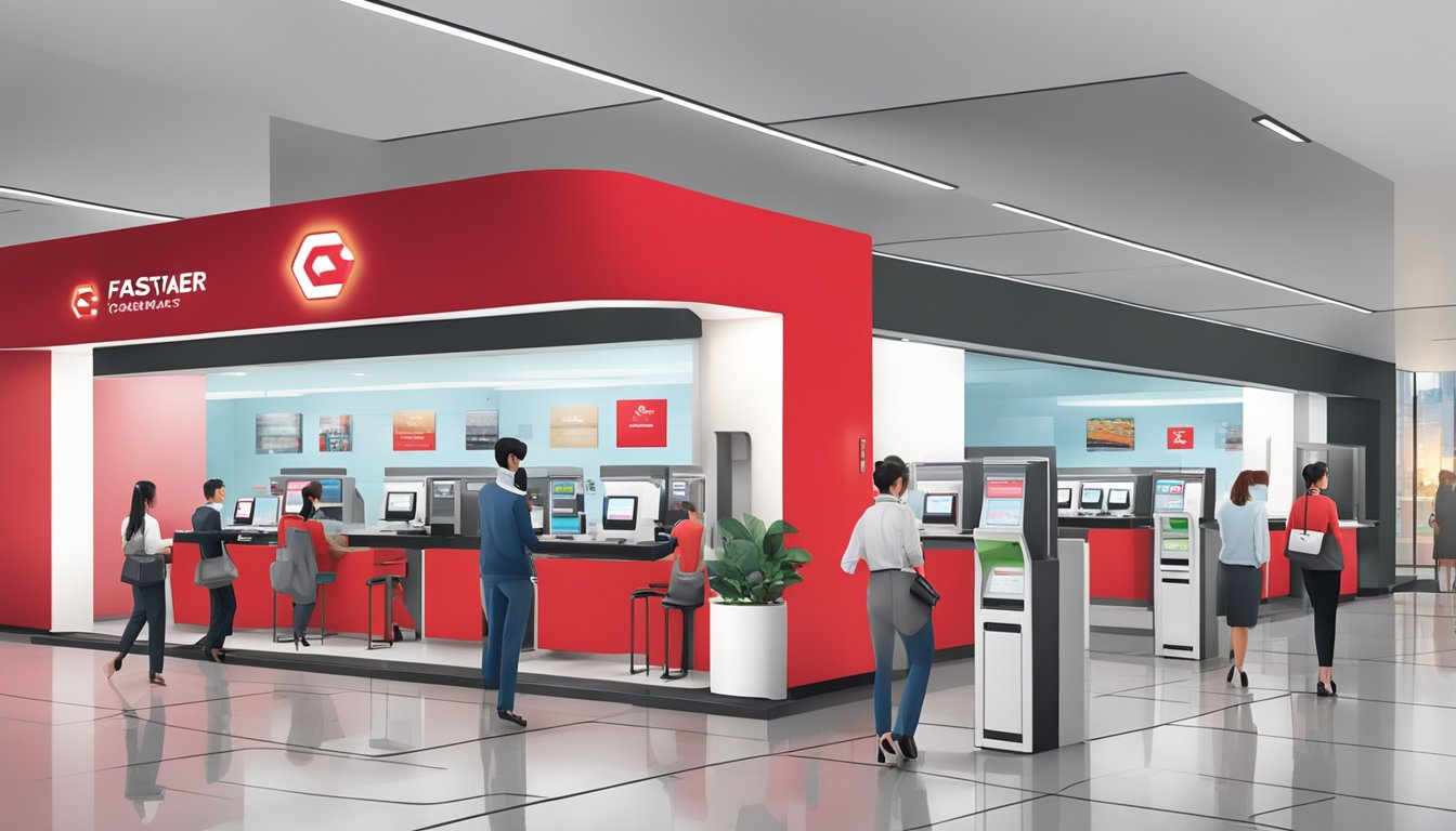 A modern bank branch with the logo of CIMB FastSaver prominently displayed, customers using self-service kiosks, and a friendly staff assisting a client
