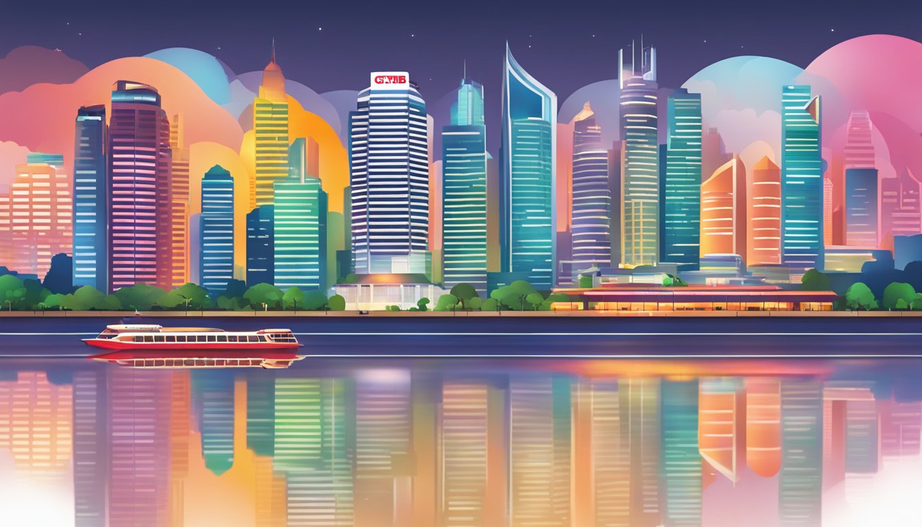 A vibrant city skyline with two distinct bank logos, representing the features and benefits of CIMB FastSaver and StarSaver in Singapore