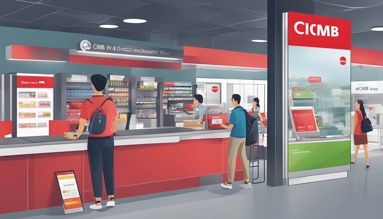 A customer swiping a CIMB credit card at a store counter, while a promotional banner for CIMB installment plans hangs in the background
