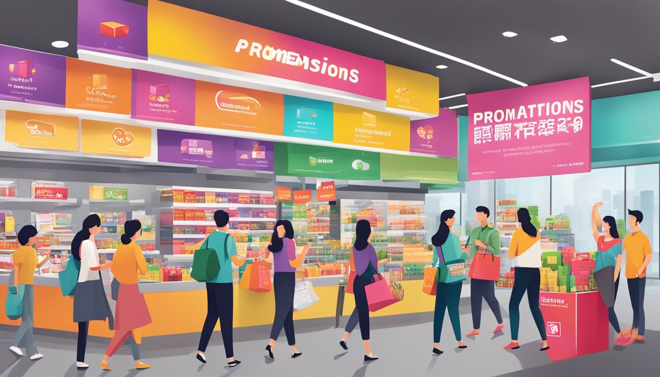 A colorful display of products with "Promotions and Rewards" signage, surrounded by happy customers redeeming their purchases through the CIMB installment plan in Singapore