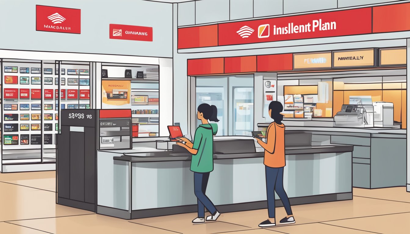 A person swiping a credit card at a store counter, with a display showing "Managing Your Installment Plan" and the CIMB installment plan logo