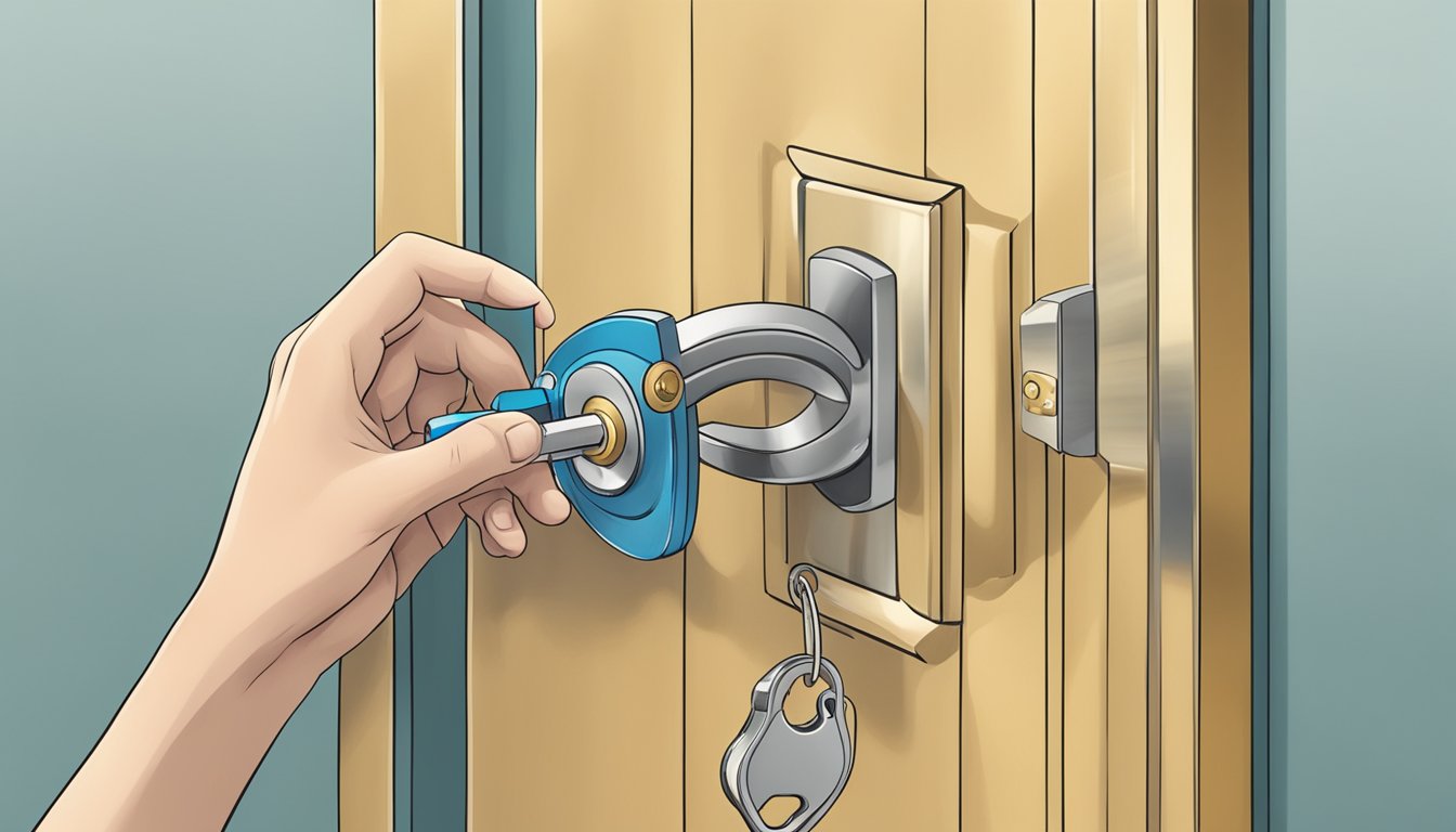 A hand holding a key unlocking a door labeled "CIMB Loan Singapore."