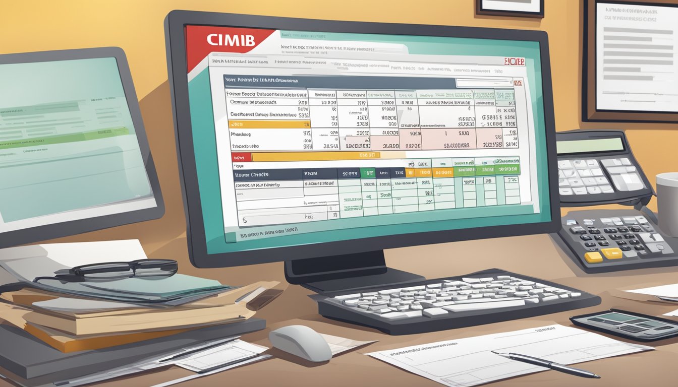 A bank statement with "CIMB Minimum Balance" displayed on a computer screen, surrounded by a calculator, pen, and paperwork