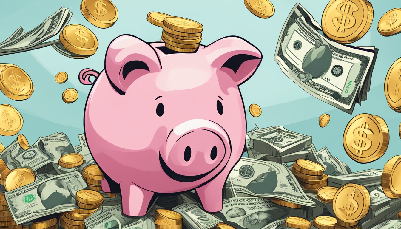 A piggy bank overflowing with coins and a growing stack of dollar bills, symbolizing the benefits of maintaining a minimum balance with CIMB in Singapore