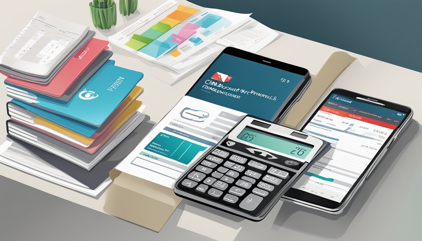 A stack of CIMB bank account brochures with highlighted features, surrounded by a calculator, pen, and smartphone