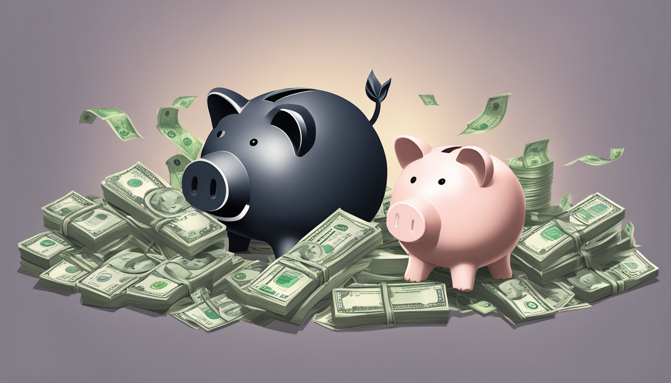 A pile of money grows larger next to a piggy bank, while a graph shows increasing investment returns